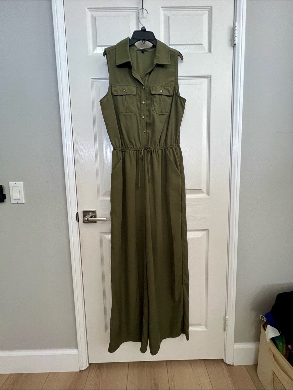 Sleeveless Olive Utility Jumpsuit Dress with Drawstring Waist